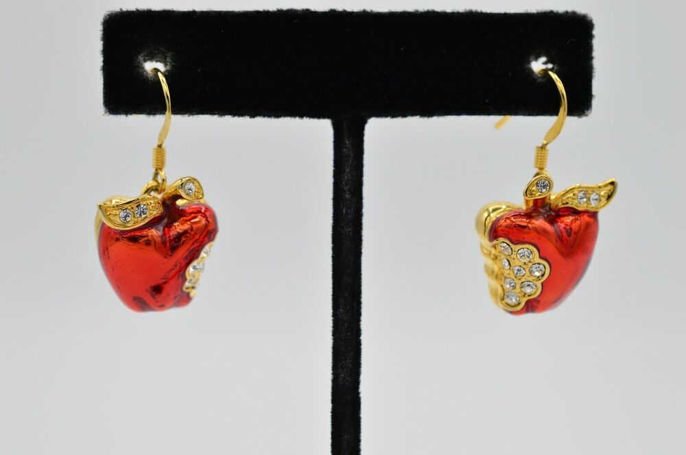Statement Earrings Dangle Red Apple Enamel Gold Rhinestone Crystal Sparkling 9D